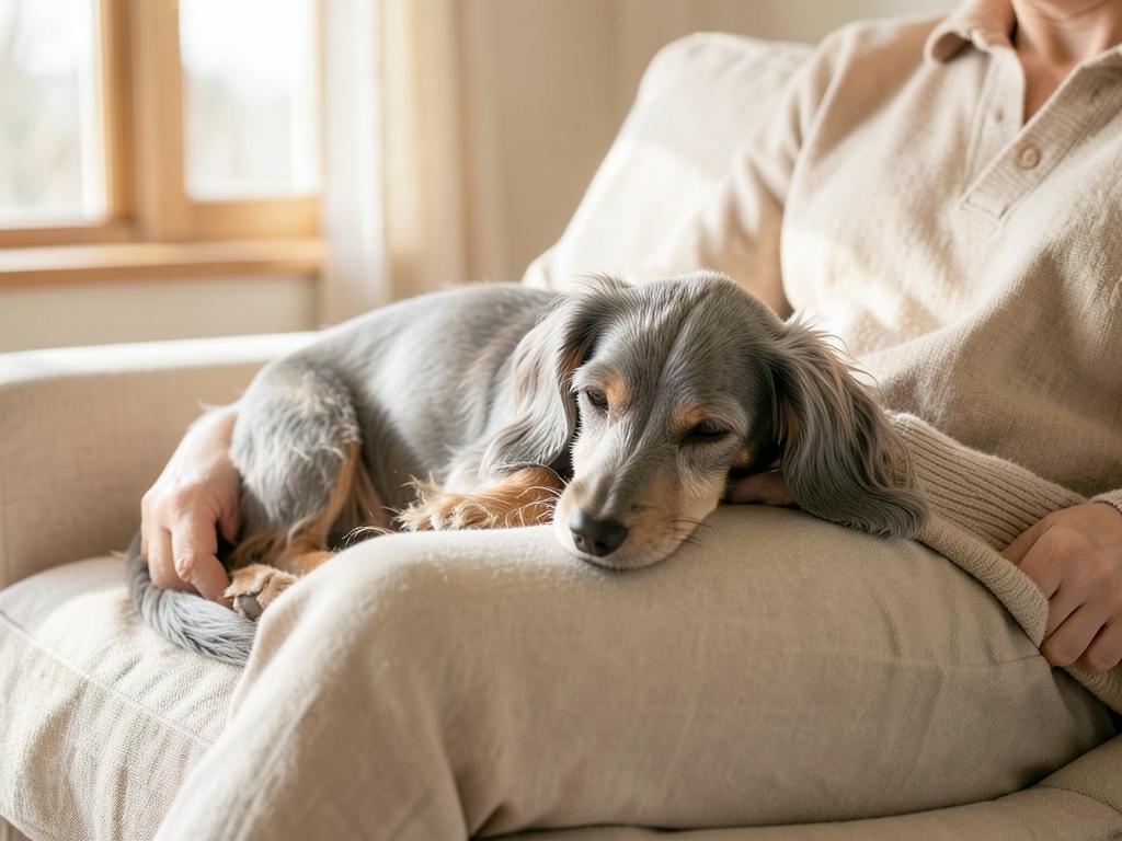 A senior dachshund resting its grey muzzle on its owner's lap