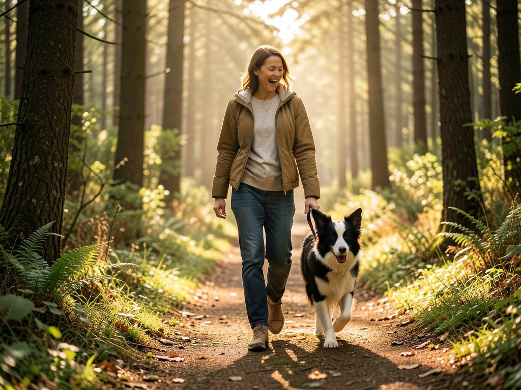 An owner walking a dog along a sunlit forest path